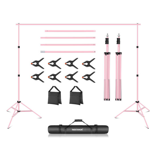 Picture of Neewer Backdrop Stand 10ft x 7ft, Adjustable Photo Studio Backdrop Support System for Wedding Parties Background Portrait Photography with 4 Crossbars, 8 Clamps, 2 Black Sandbags and Carrying Bag-PINK