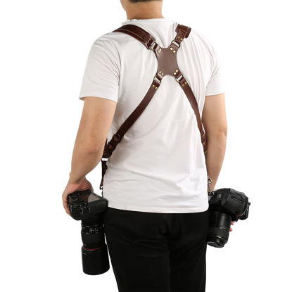 Picture of Double Camera Strap,Camera Shoulder Strap for Two Cameras,Adjustable Leather Double Camera Harness Brown