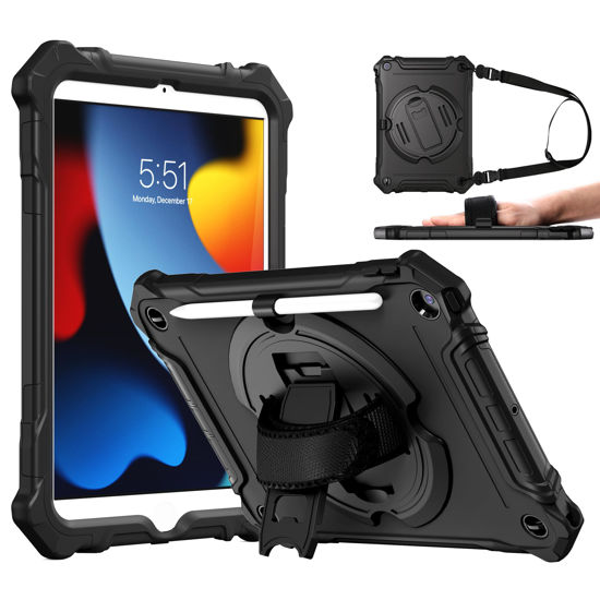 Picture of ZtotopCases for iPad 9th/ 8th/ 7th Generation 10.2 inch, Shockproof Full Body Protective Cover with 360° Rotating Hand Strap &Stand, Pencil Holder, Drop Protection, Heavy Duty & Durable, Black