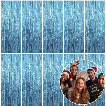 Picture of 10 Pack Foil Curtain Backdrop Blue Metallic Tinsel Foil Fringe Curtains Photo Booth Props for Birthday Wedding Engagement Baby Shower Bachelorette Christmas Holiday Celebration Party Decorations