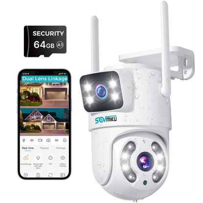 Picture of SOVMIKU 【Dual Lens WiFi Security Camera Outdoor, 6MP 2.4G WiFi Pan Tilt Camera with 64GB SD Card, Human Detection, Auto Tracking, Color Night Vision, 24/7 Record 【Plug-in Cable】 No-Monthly Fees