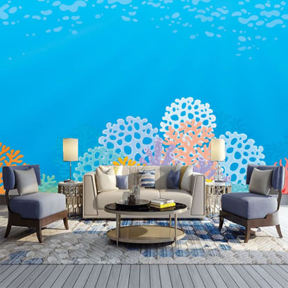 Picture of ATTAFE Corals Under The Sea 3D Mural Wallpaper, Blue Cartoon Geometry Photo Mural Wallpapers, Mural HD Photo for Living Room TV Sofa Bedroom 98" by 69"