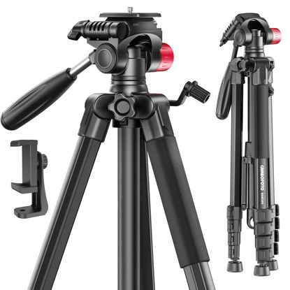 Picture of CAMBOFOTO 74"-Camera-Tripod, Porfessional Aluminum Heavy Duty Tripod Stand for Mirrorless Camera/DSLR/Cell Phone/Camcorder, with Holder and Travel Bag