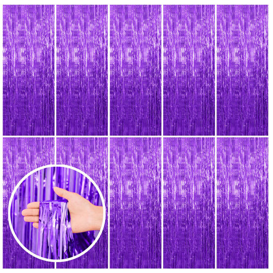 Picture of 10 Pack Purple Backdrop Tinsel Streamers Foil Fringe Backdrop Halloween Party Decorations Purple Backdrop Curtain Birthday Graduation Bachelorette Christmas New Year Party Decorations