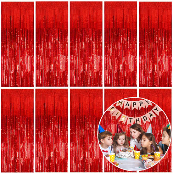 Picture of 10 Pack Foil Curtain Backdrop Red Metallic Tinsel Foil Fringe Curtains Photo Booth Props for Birthday Wedding Engagement Baby Shower Bachelorette Christmas Holiday Celebration Party Decorations