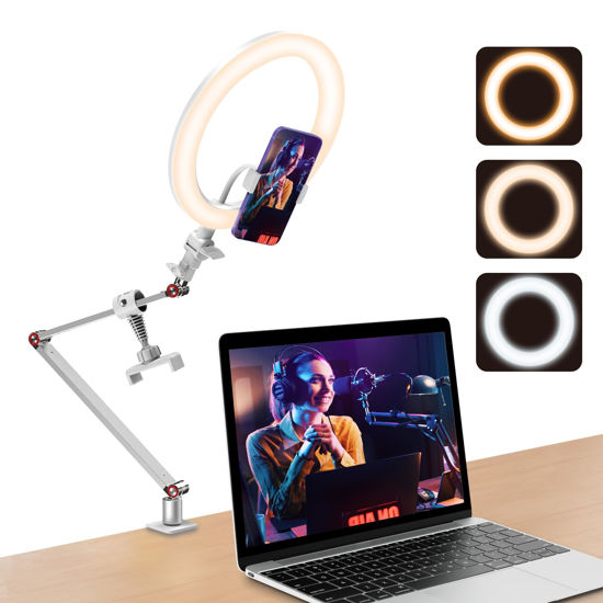 Picture of USB 10' Ring Light for Desk with Stand and Phone Holder, Ring Light with Overhead Camera Mount and Adjustable Desk Arm Stand for Photography,Makeup, Zoom Calls, YouTube Videos（White）