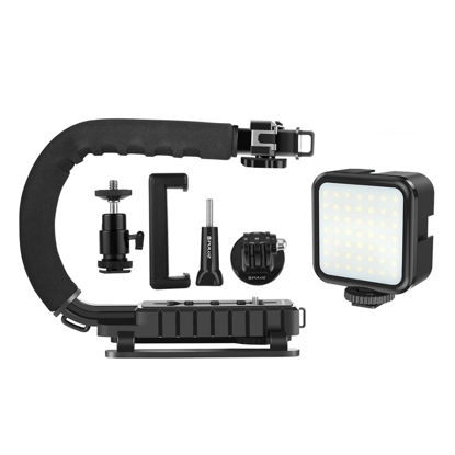 Picture of PULUZ U/C Shape Video Action Stabilizing Handle Grip Handheld Stabilizer Kit with Phone Clamp + LED Studio Light for Canon Sony Nikon Cameras and Home DV Camera Smartphones