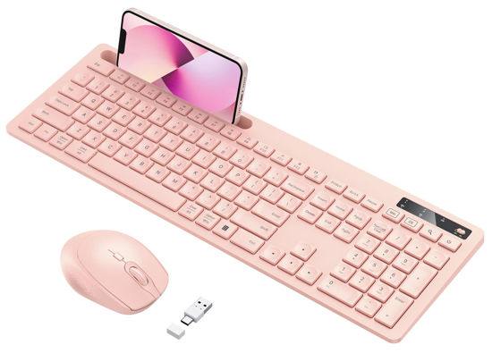 Picture of Wireless Keyboard and Mouse for MacBook, Vivefox Pink Wireless Keyboard with Phone Holder USB A & Type C Receiver Rose Gold Keyboard and Mouse for Windows, Mac, MacBook/Air/Pro Computer