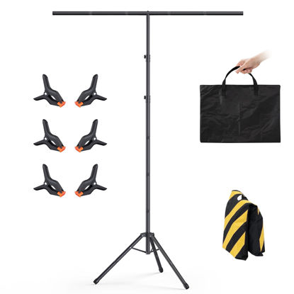 Picture of Womnwomn T-Shape Backdrop Stand 8x5.3FT, Height and Width Adjustable Background Stand for Parties,Green Screen Holder with 6 Spring Clamps