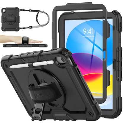 Picture of SEYMAC stock Case for iPad 10th Generation 10.9'', Full-Body Drop Protection Case with Screen Protector &360° Rotate Hand Strap/Stand, Black