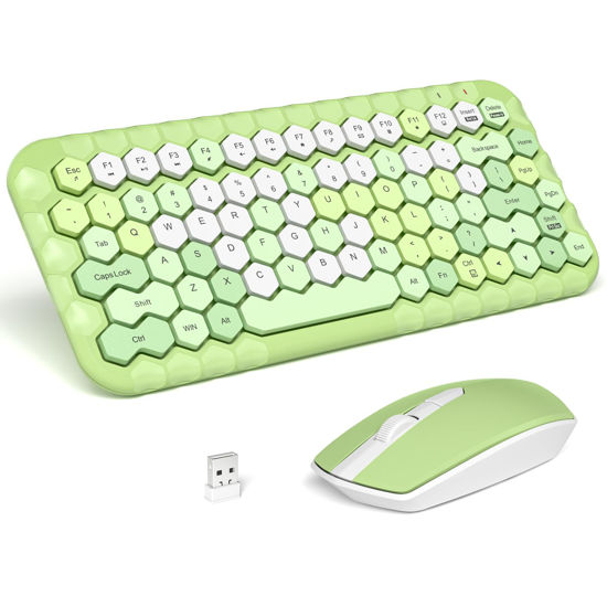 Picture of MOFII Wireless Keyboard and Mouse, Computer Keyboard with Hexagon Keycaps, USB Receiver Connection for Windows, Laptop/PC/Desktop/Notebook (Green Colorful)