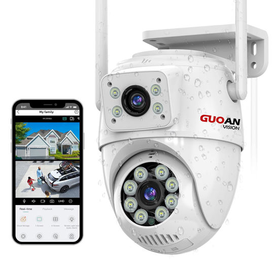 Picture of GUOANVISION Security Camera Outdoor,【6MP Dual Lens】 PTZ WiFi Wireless Outside Camera for Home Security IP66 Waterproof, Auto Tracking,Color Night Vision,24/7 Record, 2 Ways Talk, SD/Cloud