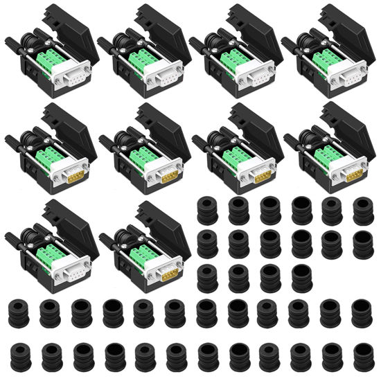 Picture of ANMBEST 10PCS DB9 Breakout Connector, 5PCS Male + 5PCS Female DB9 Solderless RS232 D-SUB Serial to 9-pin Port Terminal Adapter Connector Breakout Board with Case Long Bolts Tail Pipe