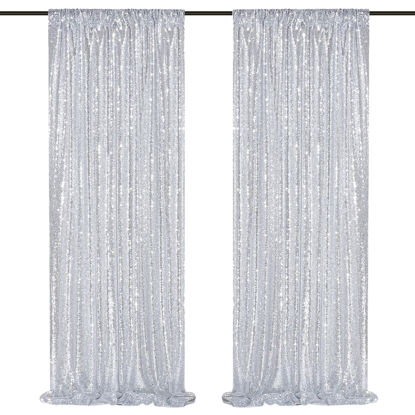 Picture of Silver Sequin Backdrop 2 Panels 2FTx8FT Christmas Party Backdrop Curtains Glitter Photo Background for Wedding Baby Shower Stage Decorations