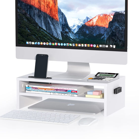 Picture of BONTEC Monitor Stand Riser White, 2 Tiers Wood Monitor Riser Stand with Storage Organizer, Desktop Ergonomic Monitor Stand Riser with Cellphone Holder and Cable Management, 16.5 Inch Desk Shelf