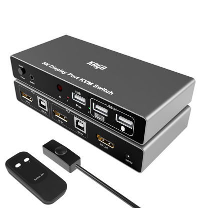 Picture of KAGO Display Port KVM Switch,8K@60Hz 4K@144Hz DP KVM Switch 1 Monitor 2 Computers Share 3 USB2.0 Keyboard Mouse Printer,for Esports Gaming,3D Graphics Video,IR Remote,Displayport & USB Cable