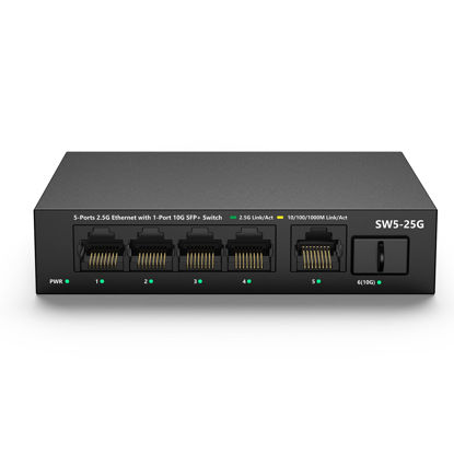 Picture of 5 Port 2.5GB Ethernet Switch Unmanaged Network Switch | 5 x 2.5 Gigabit | 1 x 10G SFP+ | Multigig Switch Work with 10-100-1000Mbps | 45G Bandwidth | Plug & Play | Fanless Quiet Metal Internet Switch