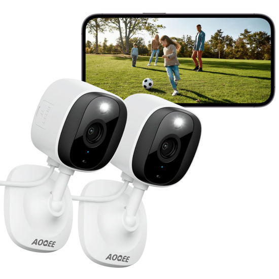 Picture of AOQEE 2K Cameras for Home Security-Outdoor/Indoor Camera for Dog/Cat/Pet/Nanny/Baby, Color Night Vision, White Light, Siren, 24/7 SD Recordings, Works with Alexa/Google Home, C1-White-2P (2.4Ghz WiFi)