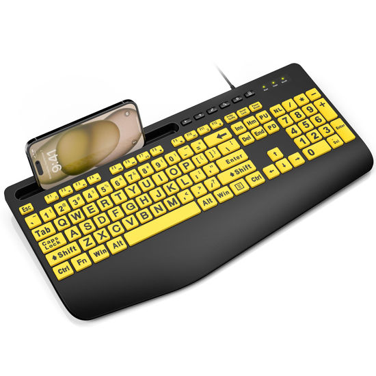 Picture of SABLUTE Large Print Keyboard Wired Computer Keyboards with Wrist Rest, Phone Holder, Big Letters Easy to Read Compatible Windows, Desktop, Laptop, Yellow