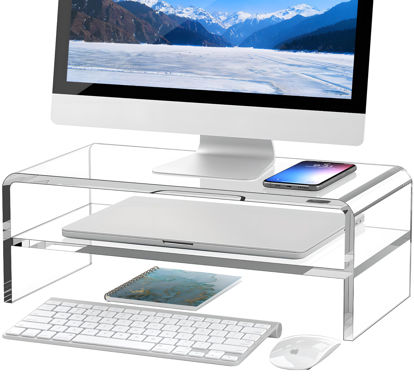 Picture of Egchi Clear Acrylic Monitor Stand Riser 2 Tier, 5.12 Inches High Clear Computer Desk Organizer Shelf for Multi Media PC Storage Laptop