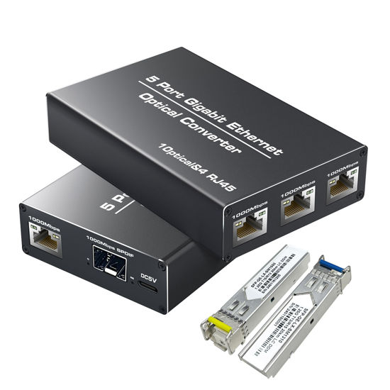 Picture of NEWCARE 5 Port Gigabit Ethernet Optical Converter, 2PCS 1.25G SFP LC Fiber Gigabit Single-Mode Fiber Ethernet Media Converter, 10/100/1000Base-TX to 1000Base-SX, 1310nm, SMF, Transmit up to 20KM