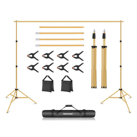 Picture of Neewer Backdrop Stand 10ft x 7ft, Adjustable Photo Studio Backdrop Support System for Wedding Parties Background Portrait Photography with 4 Crossbars, 8 Clamps, 2 Black Sandbags and Carrying Bag-GOLD