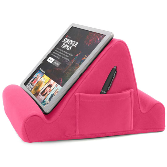 Picture of Brookstone, Memory Foam Lap Desk Tablet Holder, Holds Phones, iPads, E-Book Readers, 2 Viewing Angles, 2 Side Pockets for Accessories, Book Holder Cushion, Perfect for Home, Car Travel, Flights, Pink