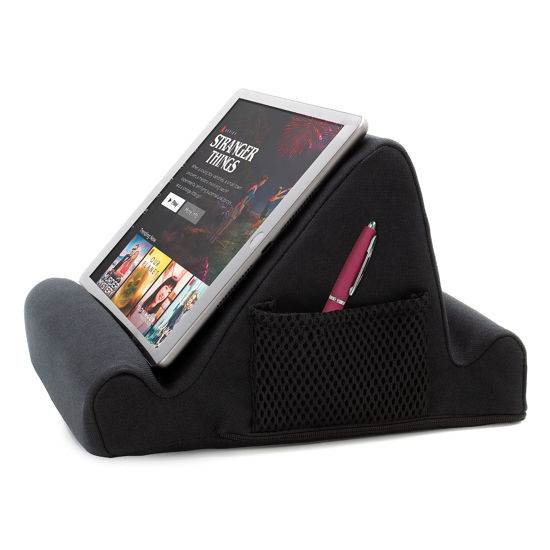 Picture of Brookstone - Memory Foam Lap Desk Tablet Holder, Holds Phones, iPads, E-Book Readers, 2 Viewing Angles, 2 Side Pockets for Accessories, Book Holder Cushion, Perfect for Home, Car Travel & Flights