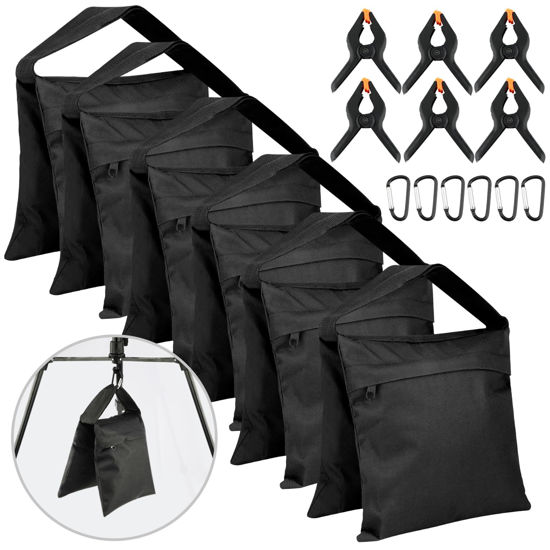 Picture of 6 Pack Photography Sandbag Heavy Duty Sand Bags with Zipper Weight Bag Saddlebag Design for Photography Stand with Spring Clamps & Buckle Sand bag Weights for Backdrop Stand Photo Tripod