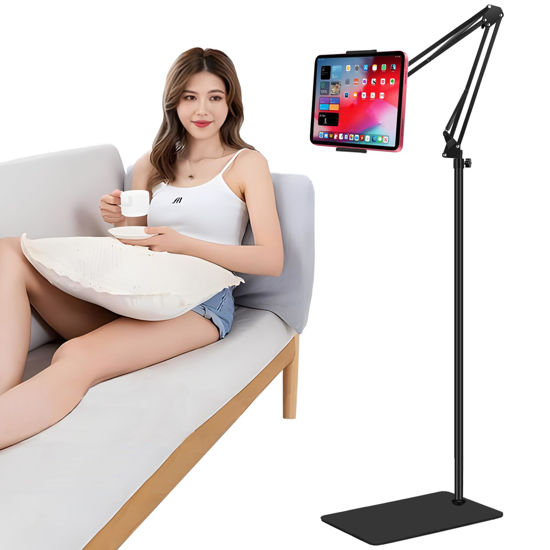 Picture of ASWINN Tablet Floor Stand, Adjustable Universal 360-degree Rotatable Metal Tablet Holder, Compatible with iPad/iPhoneX/iPad Pro or Other 5.5~12.9 Inches Devices (Black)