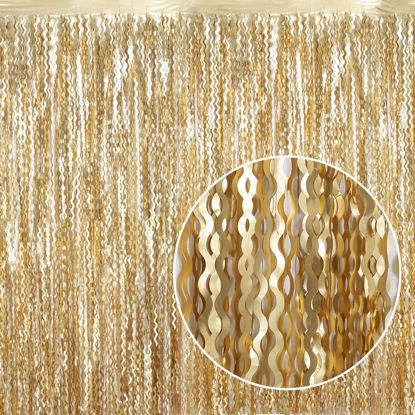 Picture of 4 Pack Wavy Champagne Gold Metallic Tinsel Foil Fringe Curtains Backdrop - 3.3X6.6ft Foil Fringe Backdrop for Parties | Door Streamers for Birthday | Photo Booth Backdrops Party Decor