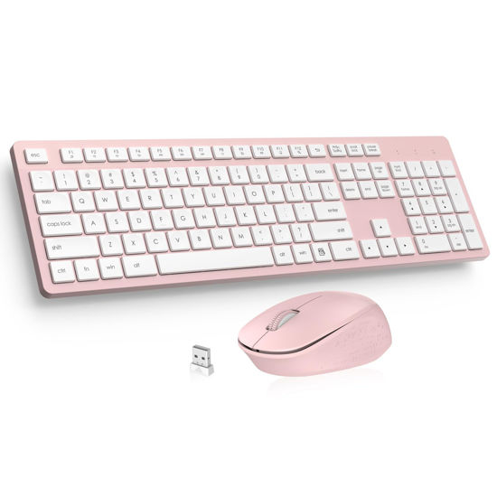 Picture of LeadsaiL Wireless Keyboard and Mouse Combo, Full-Sized Ergonomic Computer Keyboard, 2.4GHz Cordless Keyboard Silent Mouse Set with 2-in-1 USB Receiver, 12 FN Shortcuts for Windows Laptop, PC/Mac-Pink