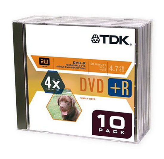 Picture of TDK DVD+R Blank Media with Jewel Cases (DVD+R47CBXS10TG, 4.7 GB, 4X Speed)