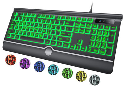 Picture of Large Print Backlit Computer Keyboard, 7-Color Backlit Keyboard with Wrist Rest, USB Plug-and-Play, Oversize Letters Keys Easy to See and Type, Wired Light Up Keyboard for Laptop, PC, Gaming