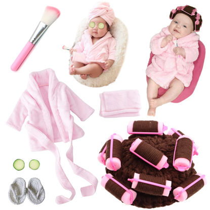 Picture of SPOKKI Newborn Photography Props 7 PCS Newborn Girl Photoshoot Outfits Babies Robe Props with Bath Towel Slippers Cucumber Curler Hat Makeup Brush for Infant Boys Girls