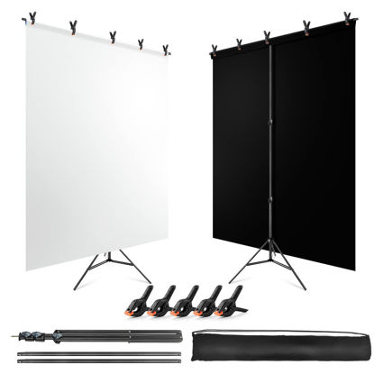 Picture of JEBUTU 5X6.5ft Black White Backdrop with Stand Kit for Photo Shoot, Black White Photo Backdrop Background with Portable T-Shape Stand, Carry Bag & Spring Clamp for Photography Streaming Party Wedding