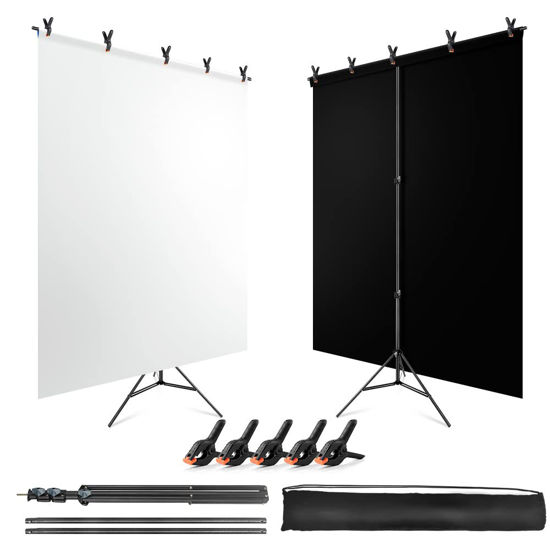 Picture of JEBUTU 5X6.5ft Black White Backdrop with Stand Kit for Photo Shoot, Black White Photo Backdrop Background with Portable T-Shape Stand, Carry Bag & Spring Clamp for Photography Streaming Party Wedding