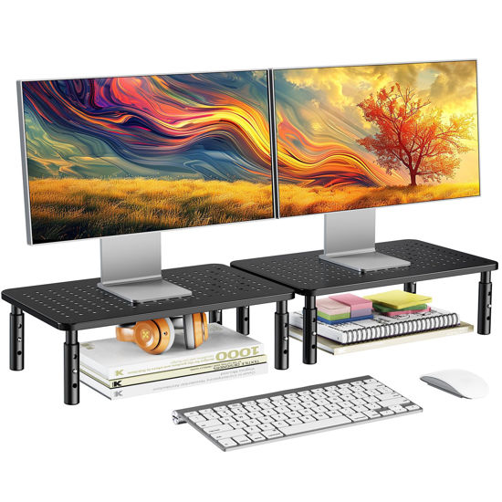 Picture of HUANUO Monitor Stand for Desk, Computer Monitor Stand Height Adjustable, Monitor Riser for 2 Monitors, Laptop Stand for Desk, 2 Pack, Black