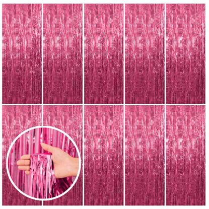 Picture of 10 Pack Pink Backdrop Party Decorations Tinsel Curtain Party Backdrop Foil Fringe Birthday Decorations Photo Booth Streamer Backdrop Pink Theme Bachelorette Graduation Party Decorations