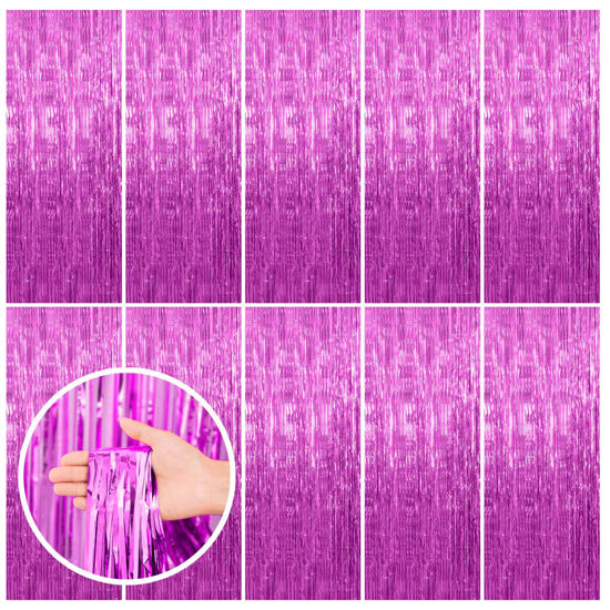 Picture of 10 Pack Hot Pink Party Backdrop Birthday Decorations Tinsel Curtain Party Streamers Foil Fringe Backdrop Christmas Bachelorette Graduation Fiesta Party Decorations Hot Pink Photo Booth Backdrop