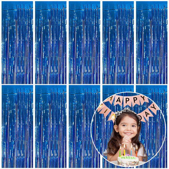 Picture of 10 Pack Foil Curtain Backdrop Blue Metallic Tinsel Foil Fringe Curtains Photo Booth Props for Birthday Wedding Engagement Baby Shower Bachelorette Christmas Holiday Celebration Party Decorations