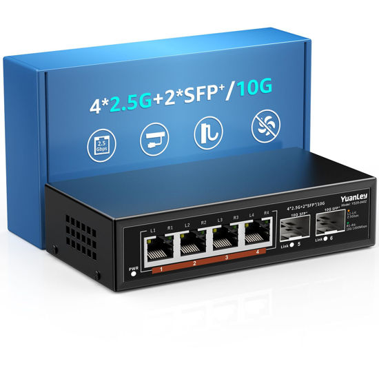 Picture of 6 Port 2.5G Umanaged Ethernet Switch, 4 x 2.5G Base-T Ports, 2 x 10G SFP, Compatible with 100/1000/2500Mbps, Metal Fanless, Desktop/Wall Mount YuanLey 2.5Gbe Network Switch for Wireless AP, NAS, PC