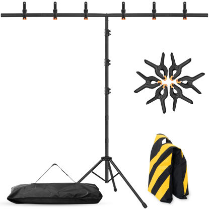 Picture of Coliflor T-Shape Portable Backdrop Stand - 8x5.2ft Adjustable Photo Background Stand Kit, Sturdy Small Back Drop Holder with 6 Spring Clamps, Sandbag, Carry Bag for Party, Photography and Video Studio