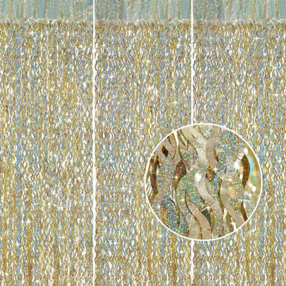 Picture of Champagne Gold Foil Fringe Backdrop - CYLMFC 3 Pack 3.3 ft x 6.6 ft Sparkle Tinsel Foil Fringe Backdrop Curtains for Birthday Anniversary Retirement Party Decorations