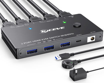 Picture of 8K KVM Switch HDMI 2 Port 8K@60Hz 4K@120Hz,MLEEDA HDMI KVM Switch for 2 Computers Share 1 Monitor and 3 USB 3.0 Devices,HDCP 2.3, HDR 10,with Wired Remote,12V Power Adapter and 2 USB3.0 Cables