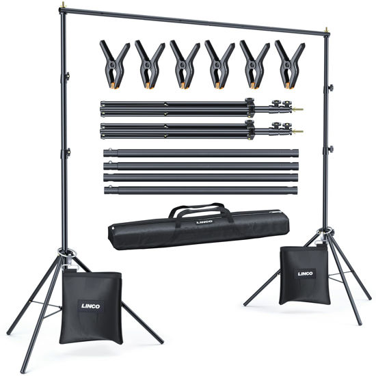 Picture of LINCO Backdrop Stand for Parties Kit 10x7 ft Adjustable Back Drop Photography Studio Photo Background Support System with Clamps, Sand Bag, Carrying Bag 4172