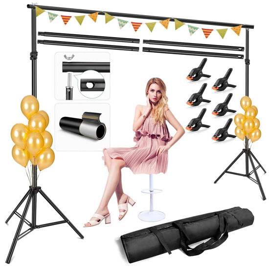 Picture of Photo Backdrop Stand for Parties,10x6.5FT Adjustable Backdrop Stand Studio Photography Background Stand, Back Drop Stand Banner Holder Kit with Carrying Bag and Clamps for Projector Screen, Photoshoot