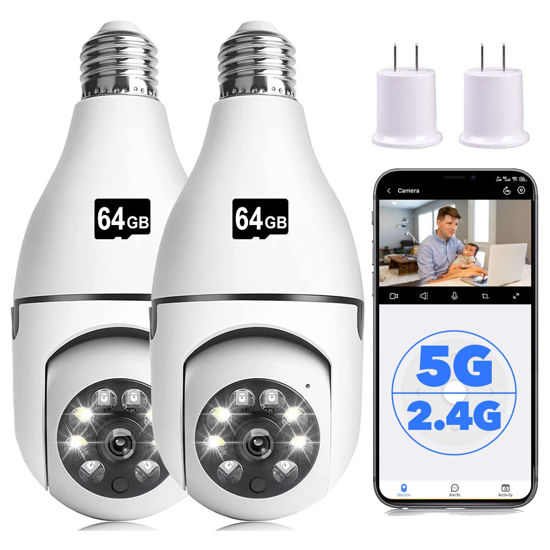 Picture of Light Bulb Security Camera,1080P Wireless Light Bulb Camera for Pet Camera, 360 ° PTZ Light Socket Camera with Motion Detection Auto Tracking (2Pack 5GHz & 2.4GHz with 2x64GB SD Card)