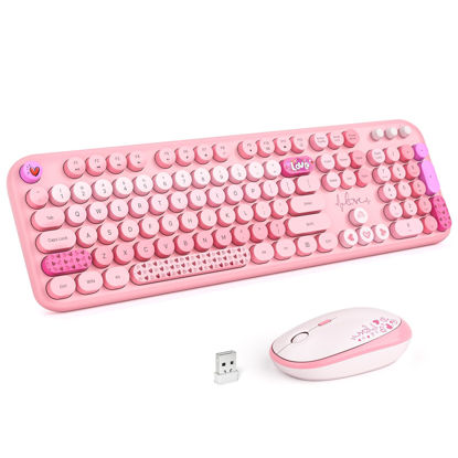 Picture of MOFII Wireless Keyboard and Mouse Combo, Full Size 2.4G Plug and Play Typewriter Retro Round Computer Keyboard and Mouse Set for Windows, Computer, Desktop, PC, Notebook - (Pink Colorful)