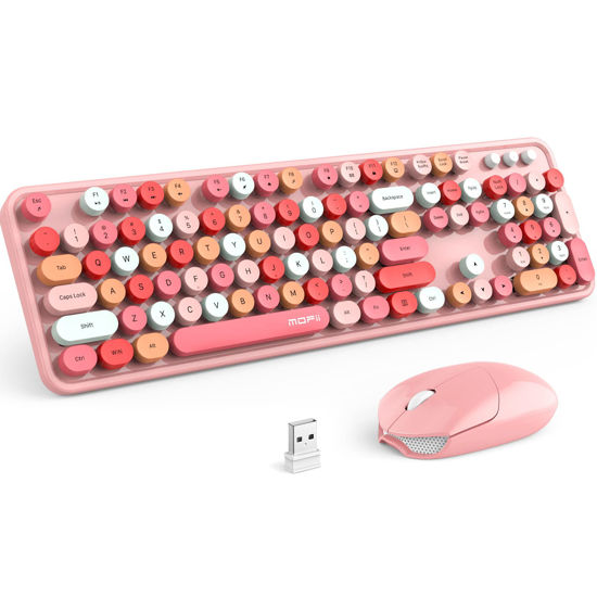 Picture of MOFII Wireless Keyboard and Mouse Combo, Pink Wireless Keyboard, 2.4GHz Retro Full Size with Number Pad & Cute Wireless Mouse for Computer PC Laptop Windows XP/7/8/10 (Pink-Colorful)